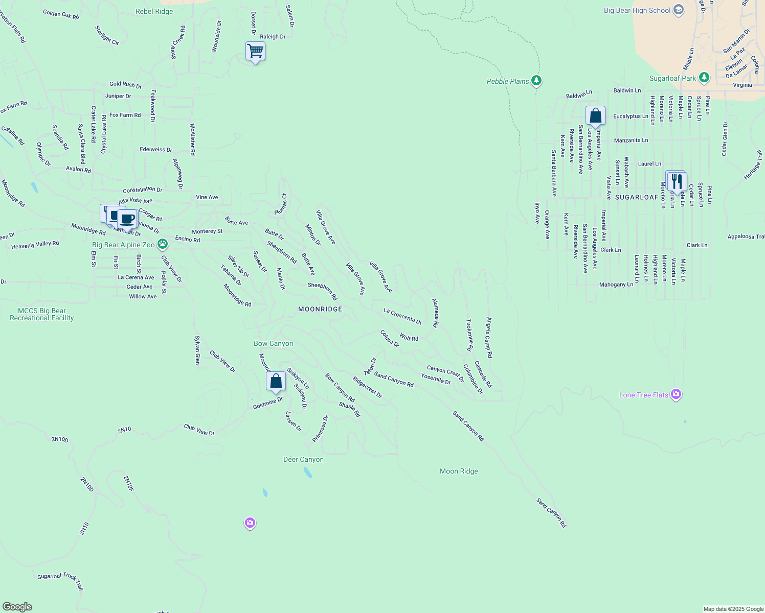 map of restaurants, bars, coffee shops, grocery stores, and more near 1394 La Crescenta Drive in Big Bear