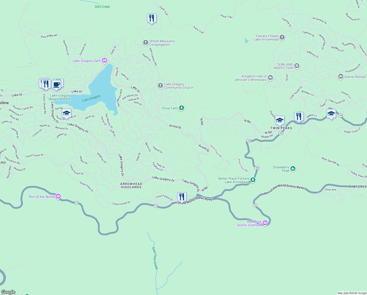 map of restaurants, bars, coffee shops, grocery stores, and more near 999 Chillon Drive in Crestline