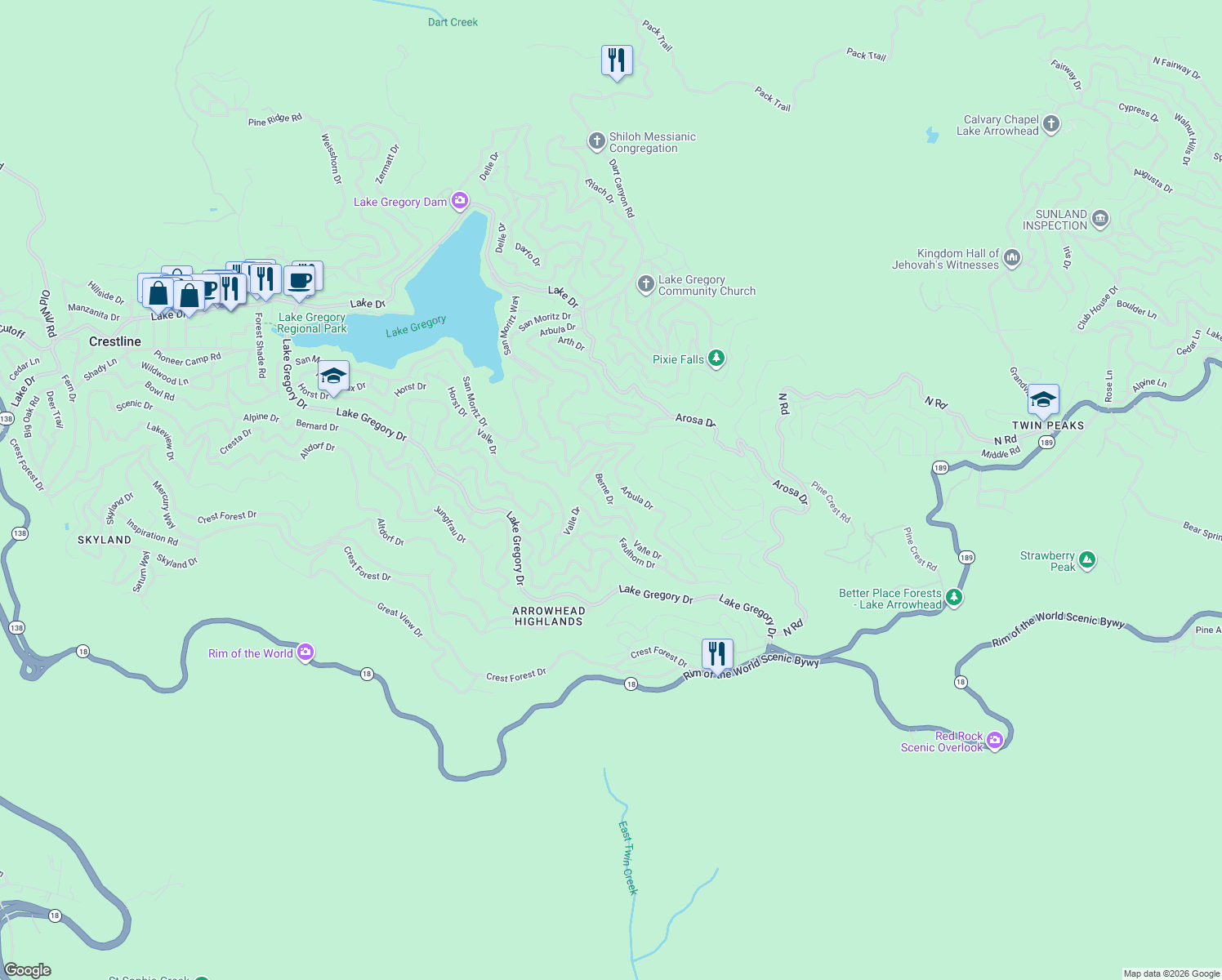 map of restaurants, bars, coffee shops, grocery stores, and more near 997 Berne Drive in Crestline