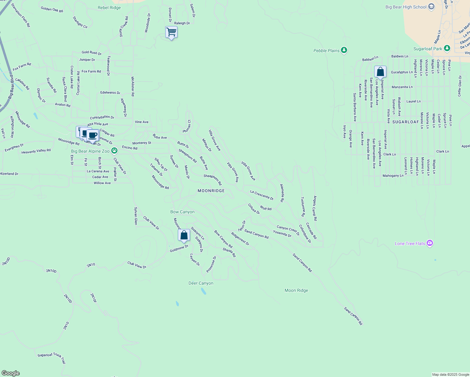 map of restaurants, bars, coffee shops, grocery stores, and more near 43539 Wolf Road in Big Bear Lake