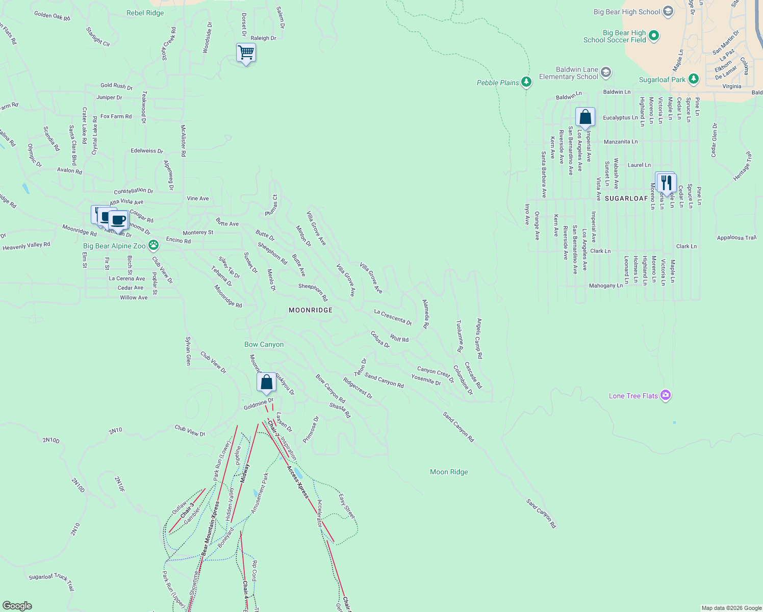 map of restaurants, bars, coffee shops, grocery stores, and more near 1409 Klamath Road in Big Bear