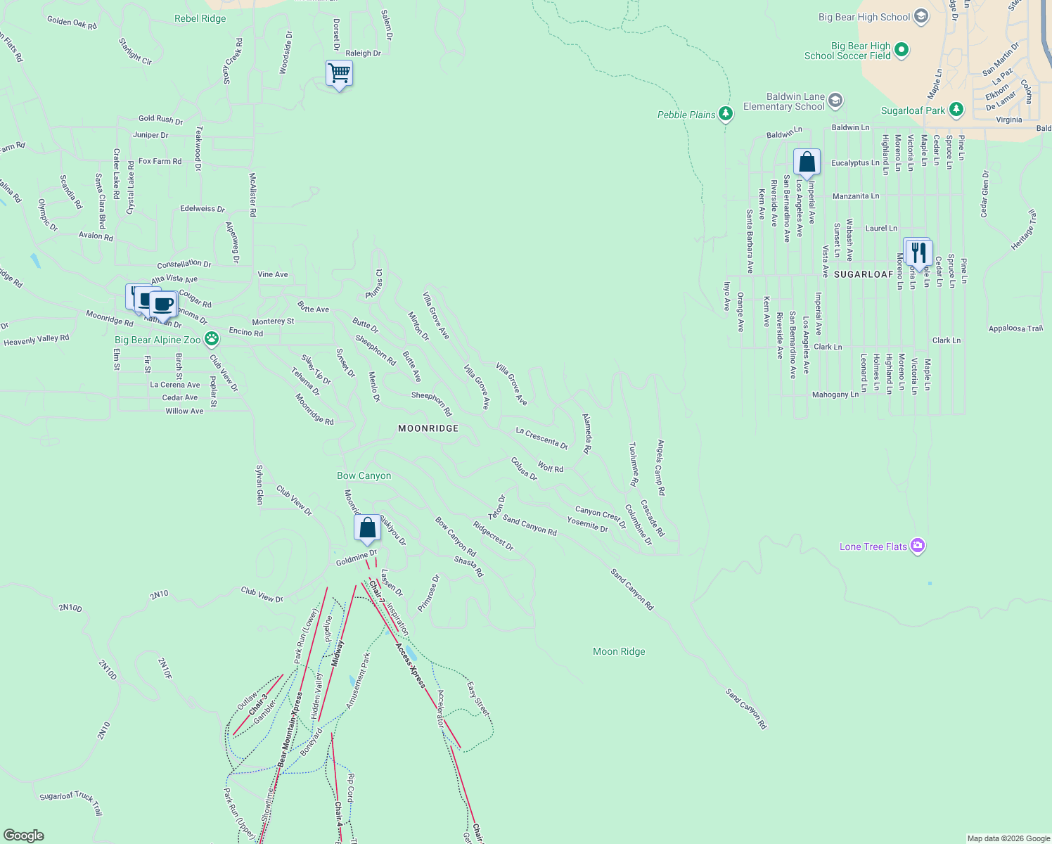 map of restaurants, bars, coffee shops, grocery stores, and more near 1409 Klamath Road in Big Bear