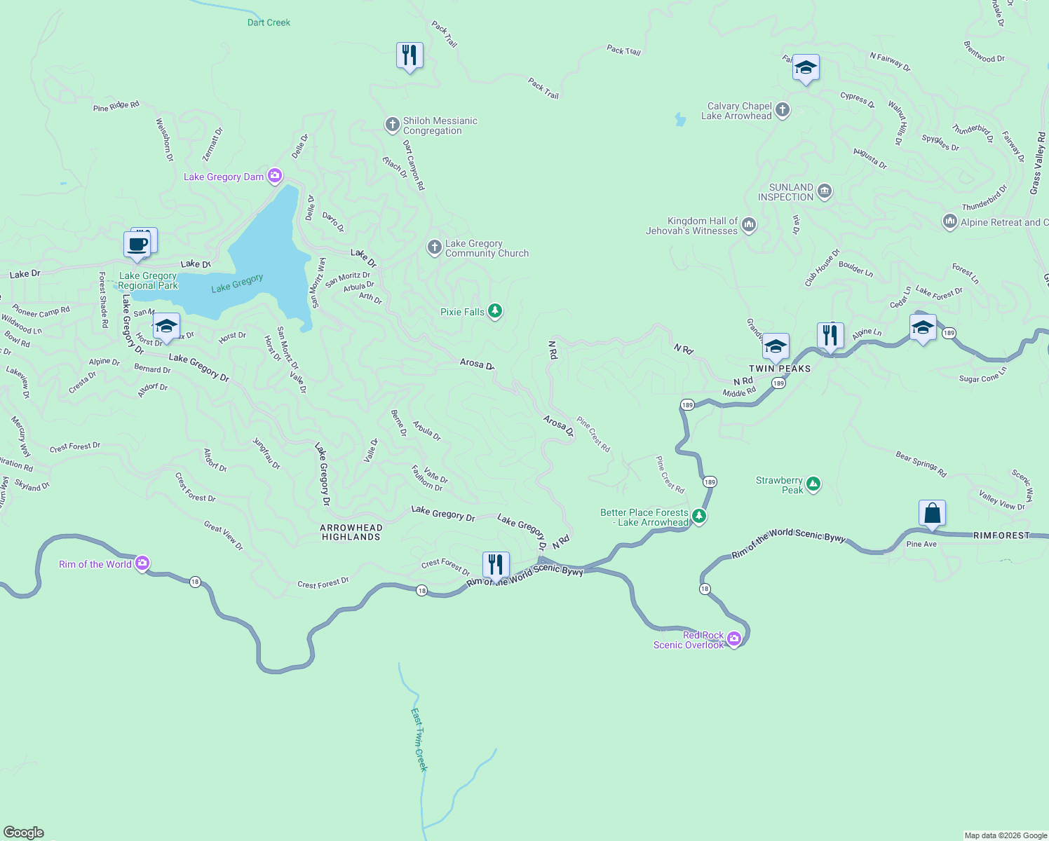 map of restaurants, bars, coffee shops, grocery stores, and more near 989 Calanda Drive in Crestline
