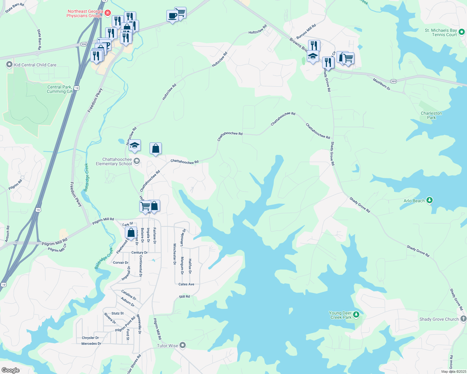 map of restaurants, bars, coffee shops, grocery stores, and more near 3740 Duckcove Way in Cumming