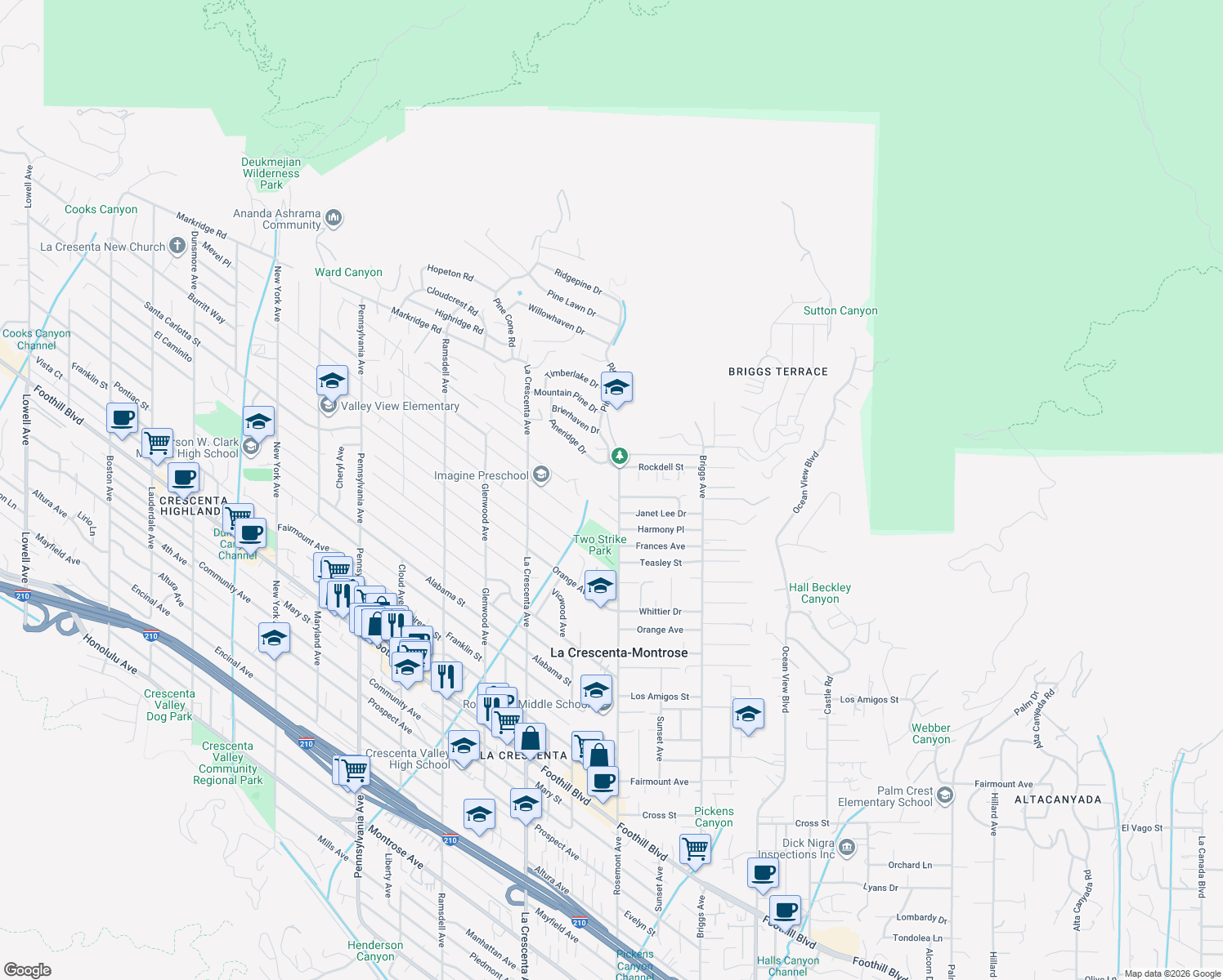 map of restaurants, bars, coffee shops, grocery stores, and more near 2617 Upper Terrace in La Crescenta-Montrose