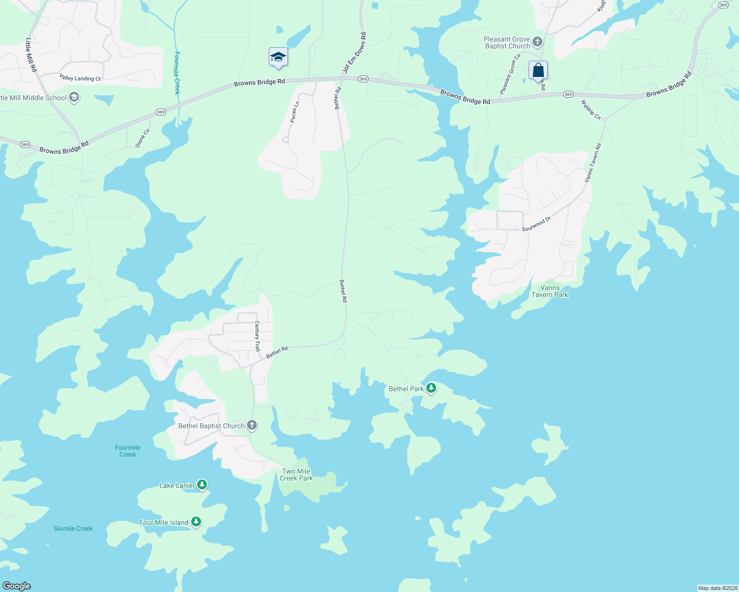 map of restaurants, bars, coffee shops, grocery stores, and more near 8245 Bethel Road in Gainesville