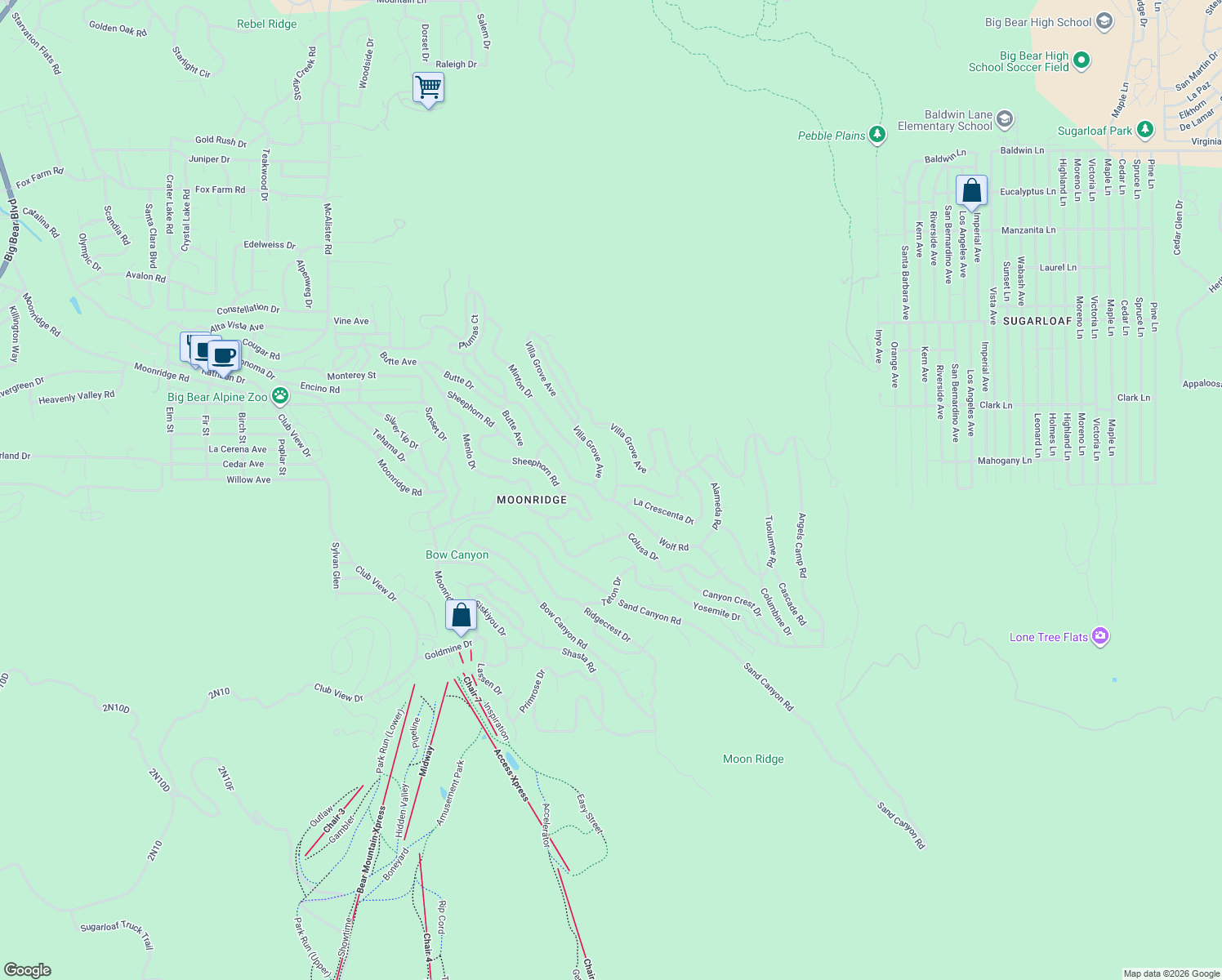 map of restaurants, bars, coffee shops, grocery stores, and more near 1395 Flintridge Avenue in Big Bear