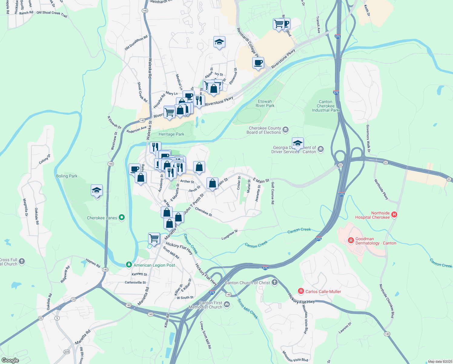 map of restaurants, bars, coffee shops, grocery stores, and more near 791 E Main St in Canton