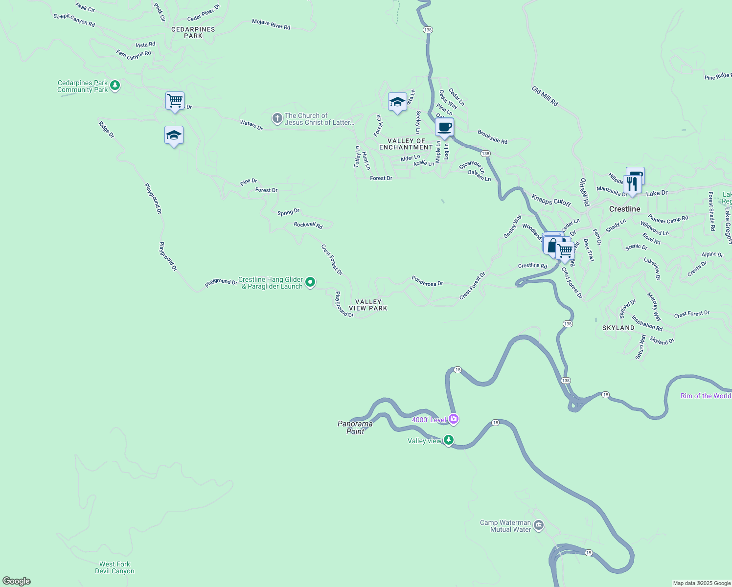 map of restaurants, bars, coffee shops, grocery stores, and more near 969 Oak Drive in Crestline