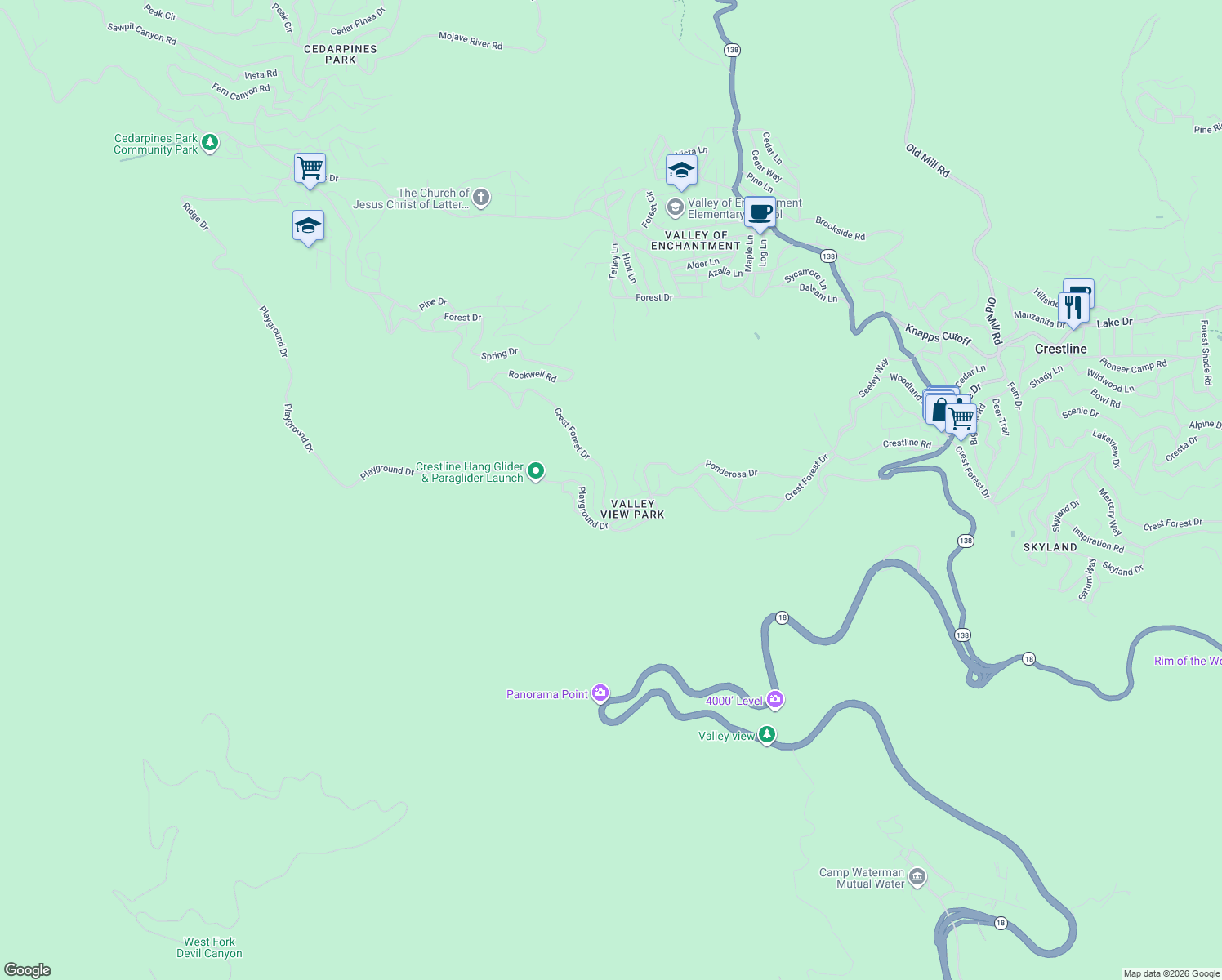 map of restaurants, bars, coffee shops, grocery stores, and more near 22638 Crest Forest Drive in Crestline