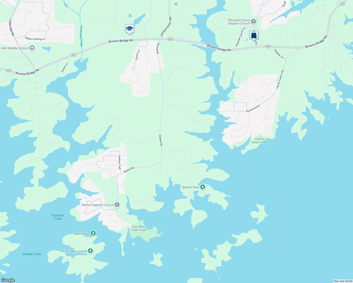 map of restaurants, bars, coffee shops, grocery stores, and more near 8245 Bethel Road in Gainesville
