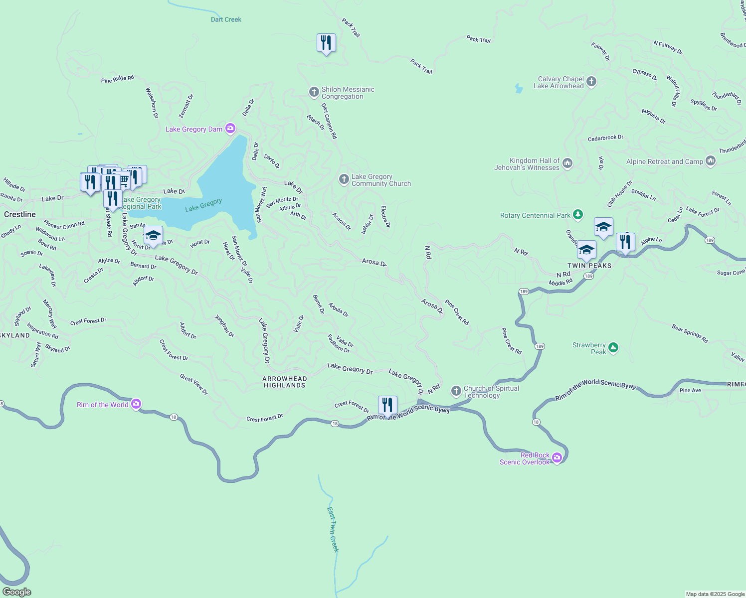 map of restaurants, bars, coffee shops, grocery stores, and more near 980 Chateau Drive in Crestline