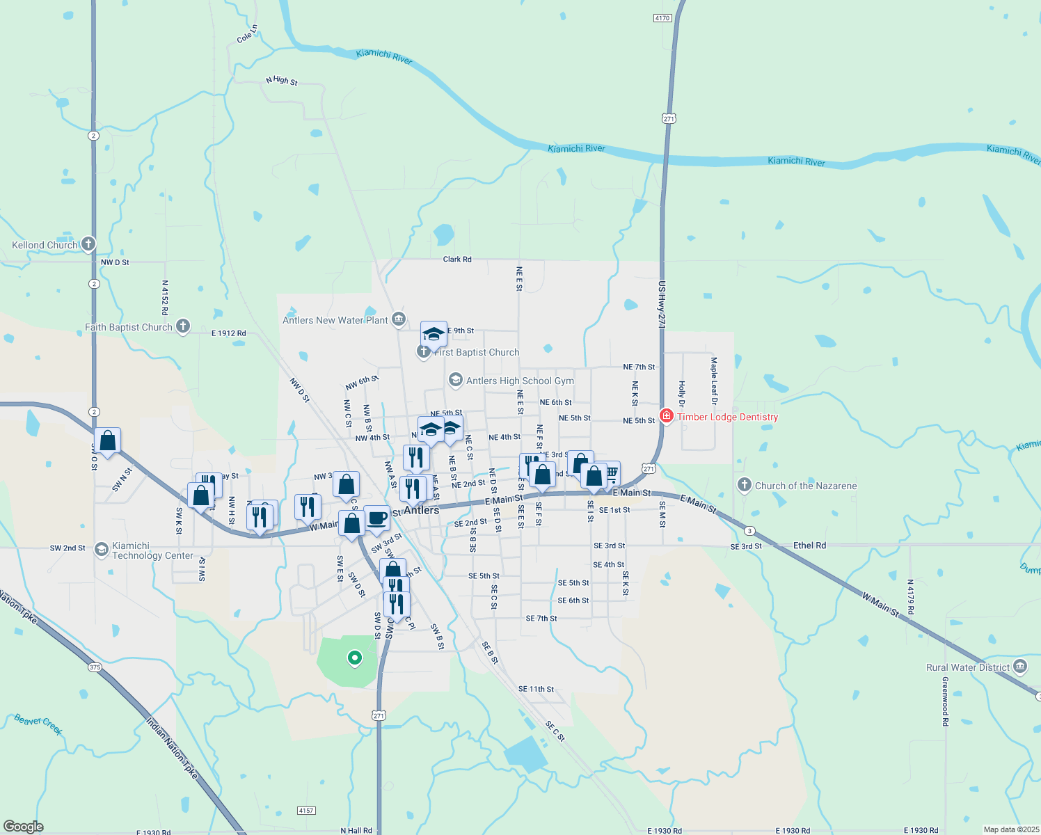 map of restaurants, bars, coffee shops, grocery stores, and more near 599 NE 5th St in Antlers