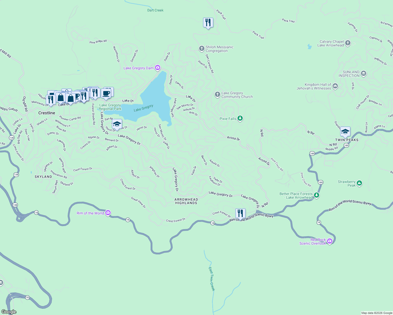 map of restaurants, bars, coffee shops, grocery stores, and more near 962 Balfrin Drive in Crestline