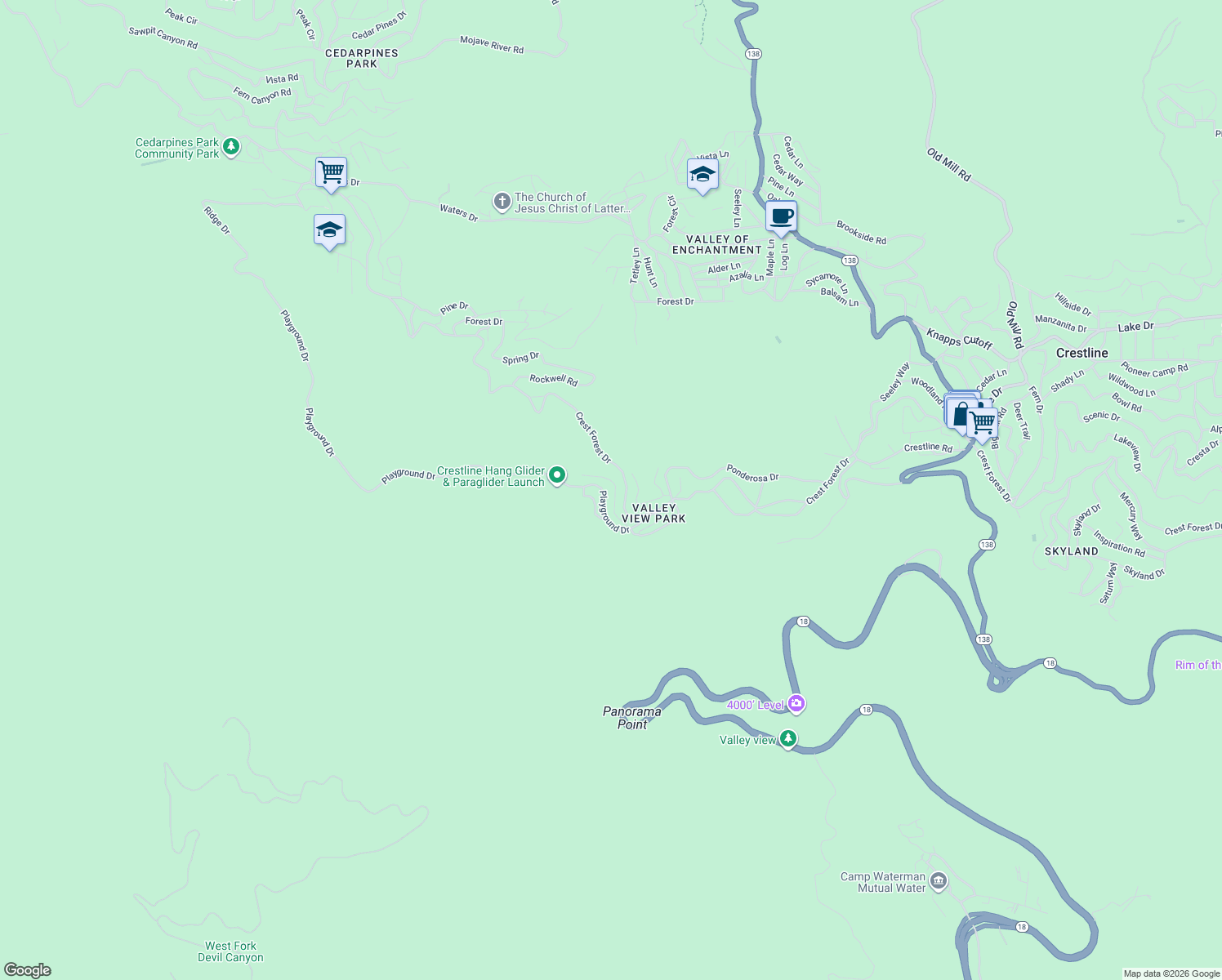 map of restaurants, bars, coffee shops, grocery stores, and more near 964 Coulter Pine Road in Crestline