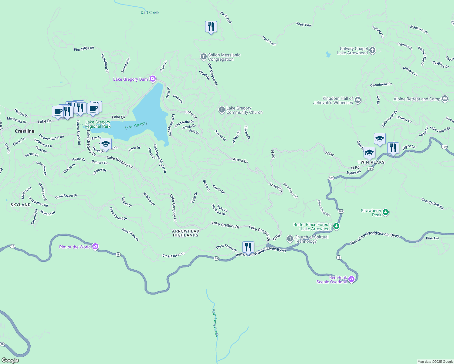 map of restaurants, bars, coffee shops, grocery stores, and more near Basel Drive in Crestline