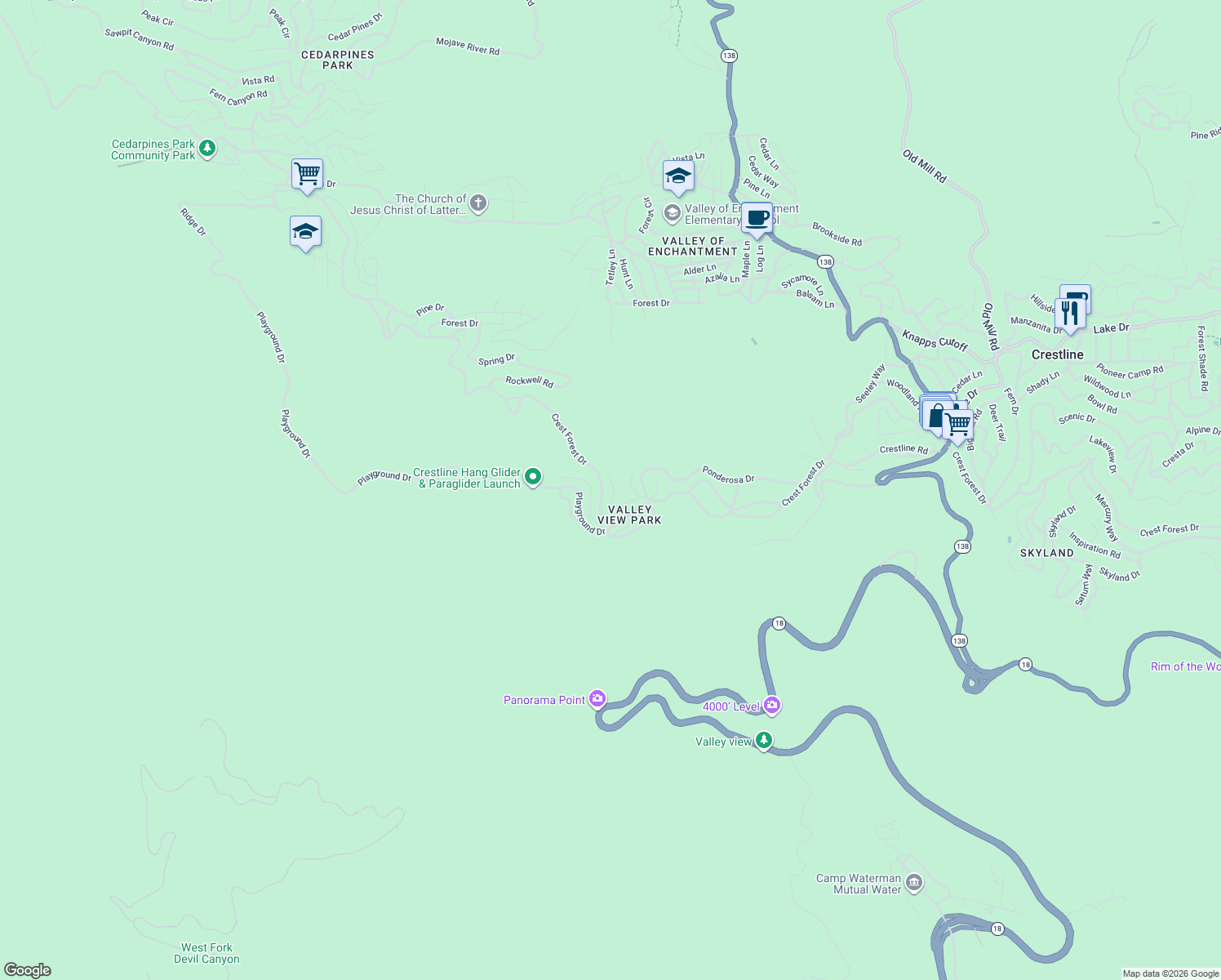 map of restaurants, bars, coffee shops, grocery stores, and more near 22638 Crest Forest Drive in Crestline