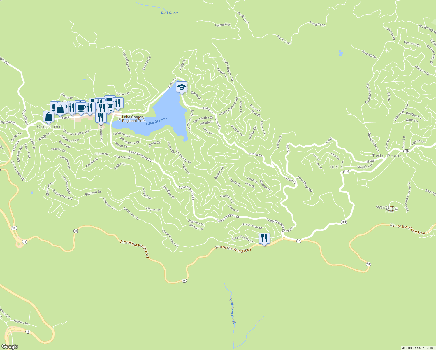 map of restaurants, bars, coffee shops, grocery stores, and more near Balfrin Drive in Crestline