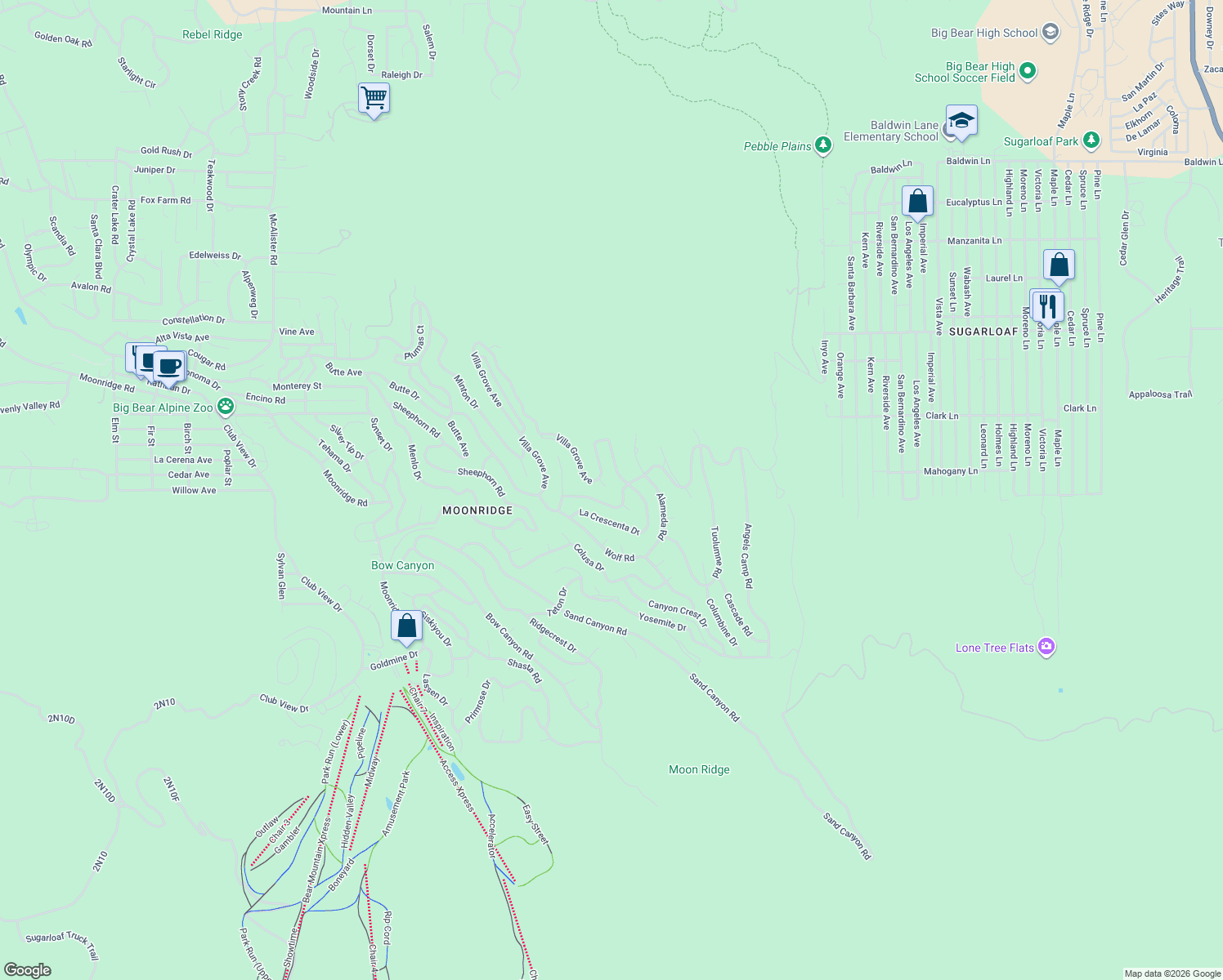 map of restaurants, bars, coffee shops, grocery stores, and more near 455 Sun Crest Court in Big Bear