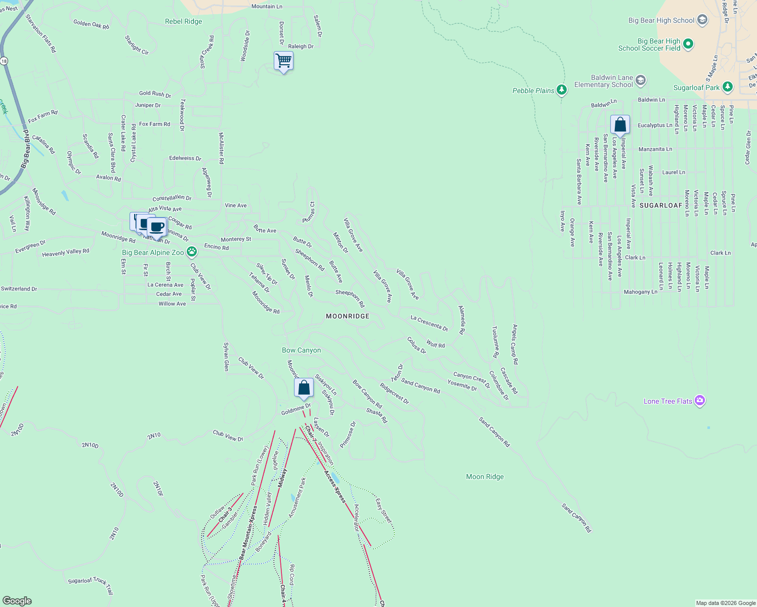 map of restaurants, bars, coffee shops, grocery stores, and more near 654 Villa Grove Avenue in Big Bear