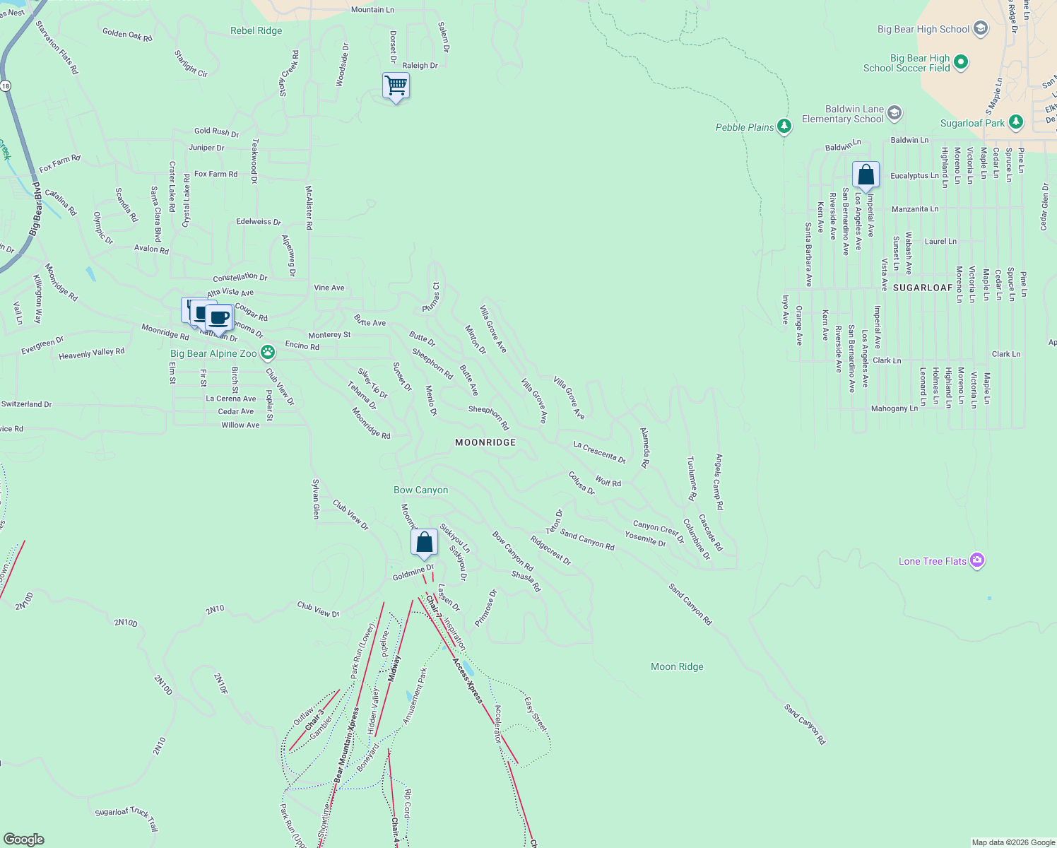 map of restaurants, bars, coffee shops, grocery stores, and more near 654 Villa Grove Avenue in Big Bear