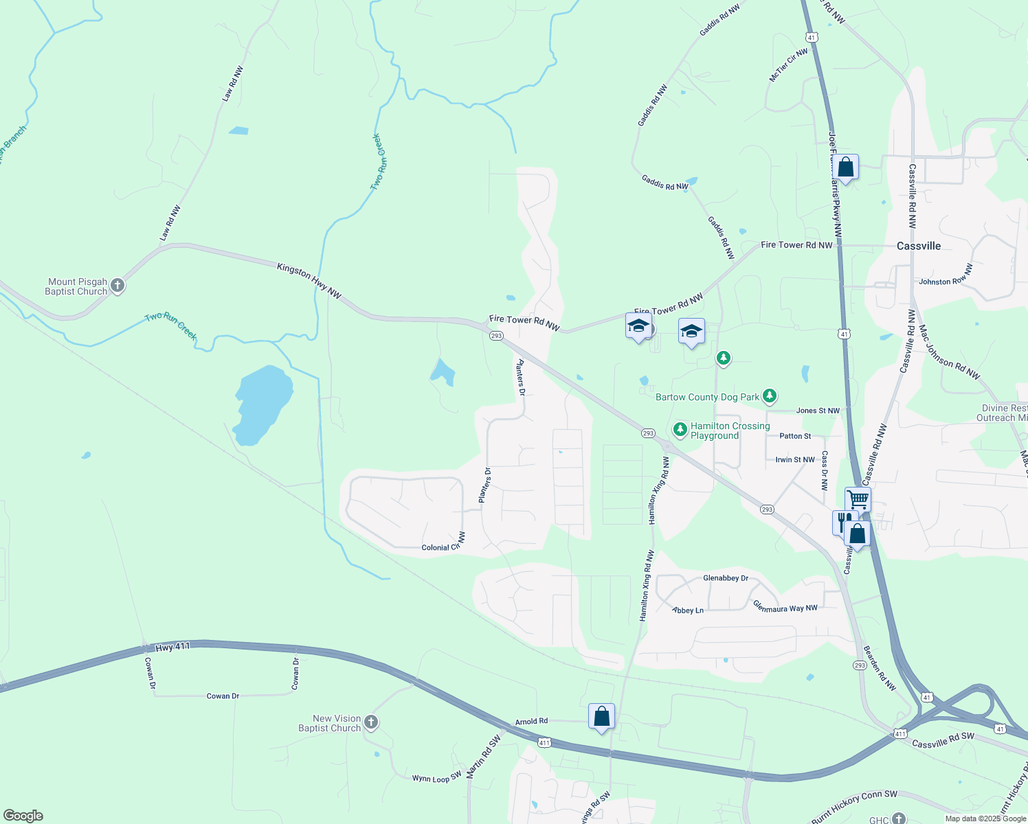 map of restaurants, bars, coffee shops, grocery stores, and more near 34 Planters Drive in Cartersville