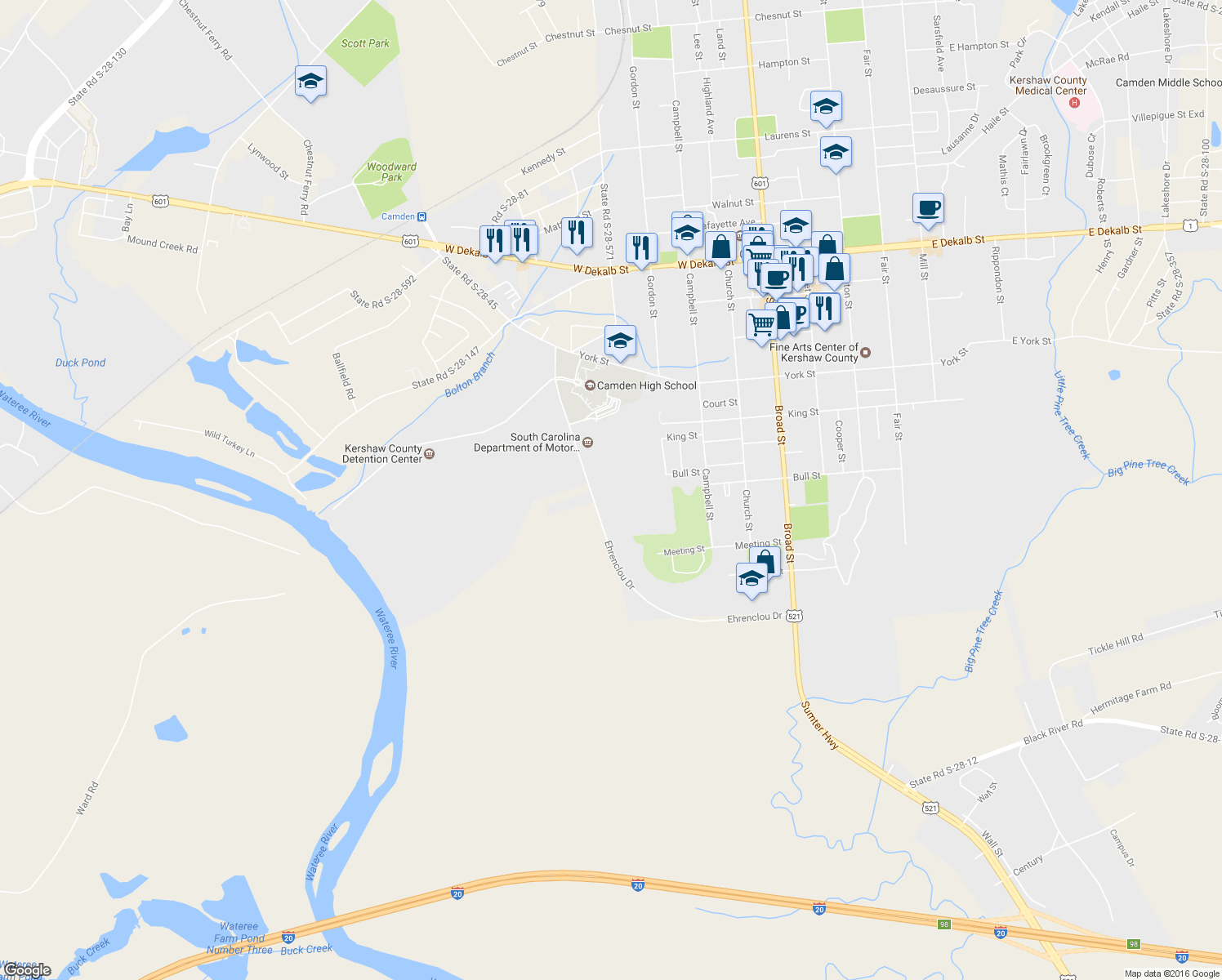 map of restaurants, bars, coffee shops, grocery stores, and more near 1100 Ehrenclou Drive in Camden