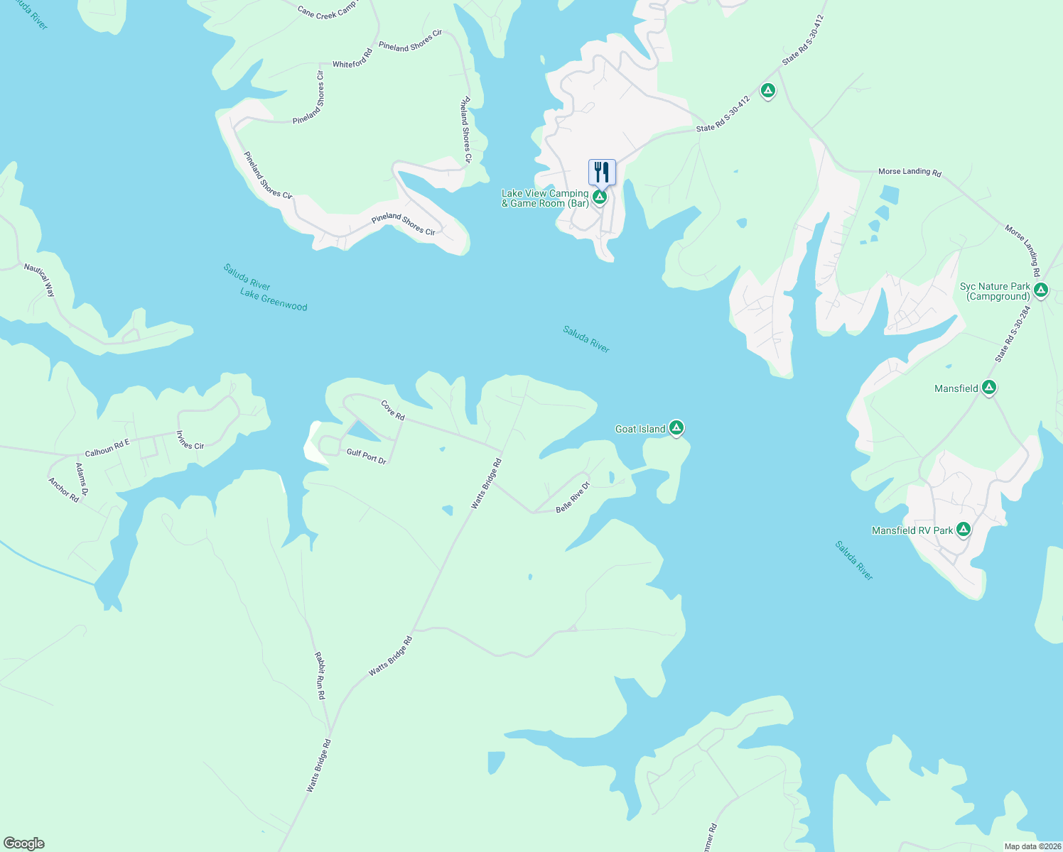 map of restaurants, bars, coffee shops, grocery stores, and more near 1212 Watts Bridge Road in Ninety Six