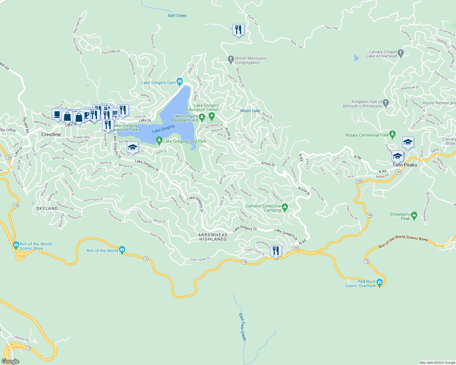 map of restaurants, bars, coffee shops, grocery stores, and more near 938 Balfrin Drive in Crestline