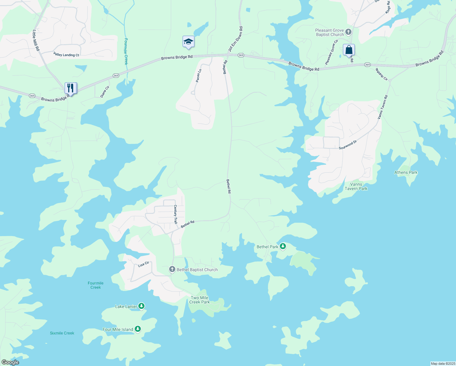 map of restaurants, bars, coffee shops, grocery stores, and more near Bethel Road in Forsyth County