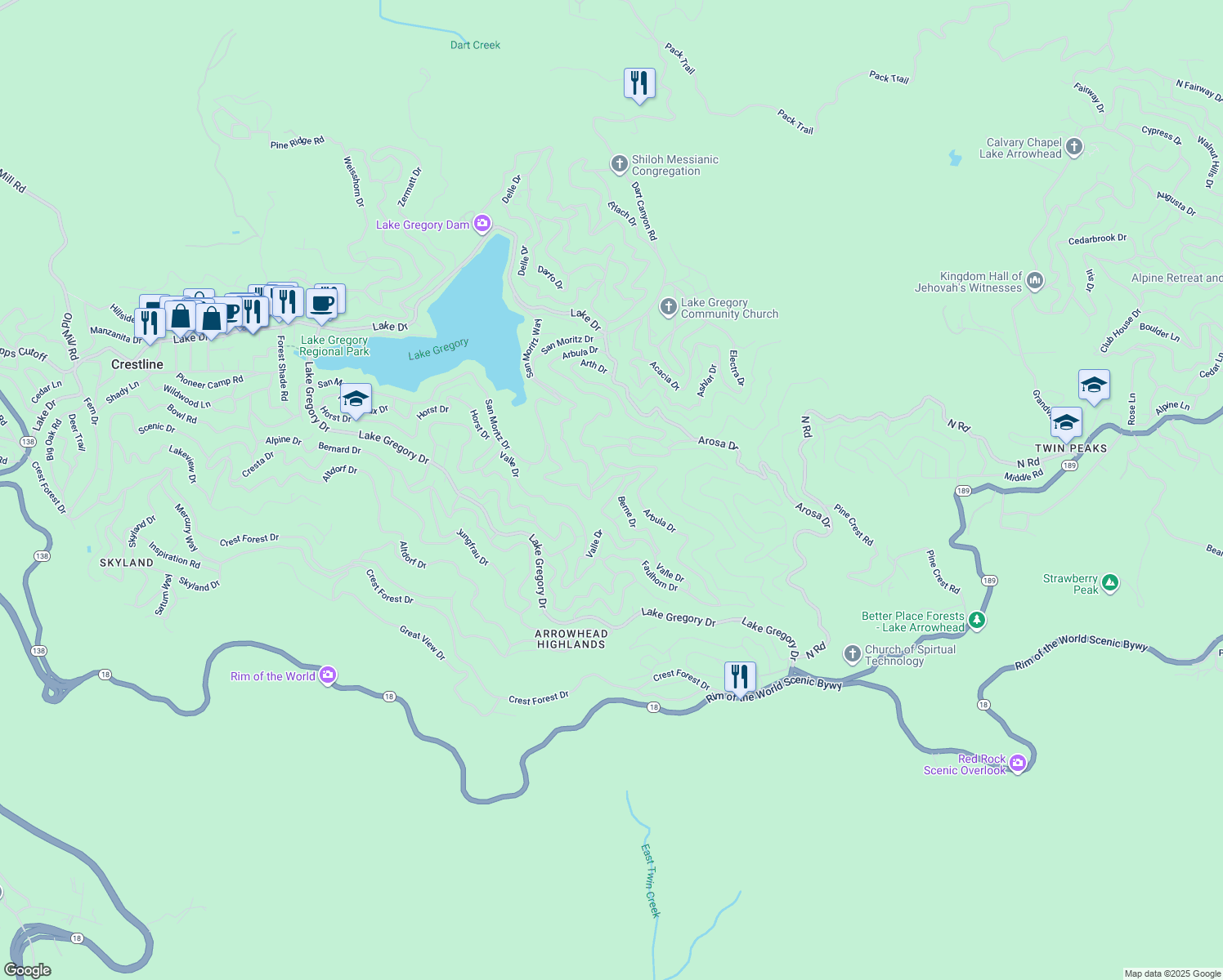 map of restaurants, bars, coffee shops, grocery stores, and more near 938 Balfrin Drive in Crestline