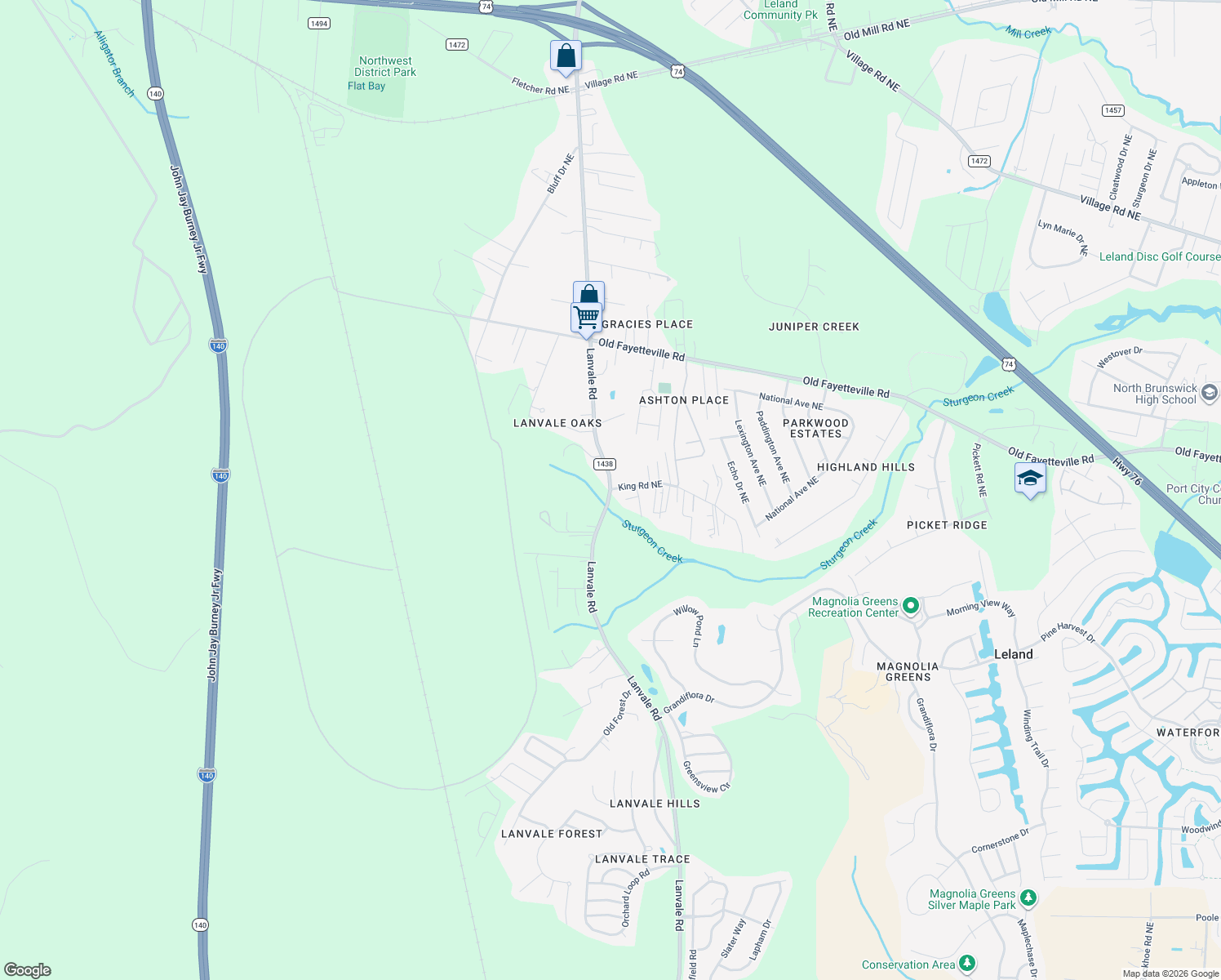 map of restaurants, bars, coffee shops, grocery stores, and more near 1198 Lanvale Road Northeast in Leland