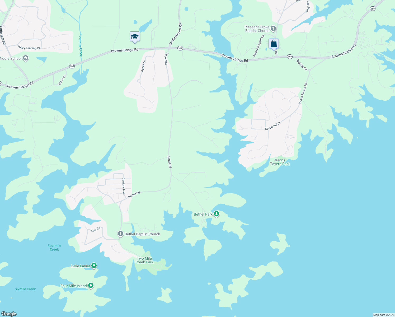 map of restaurants, bars, coffee shops, grocery stores, and more near 8249 Bethel Road in Gainesville