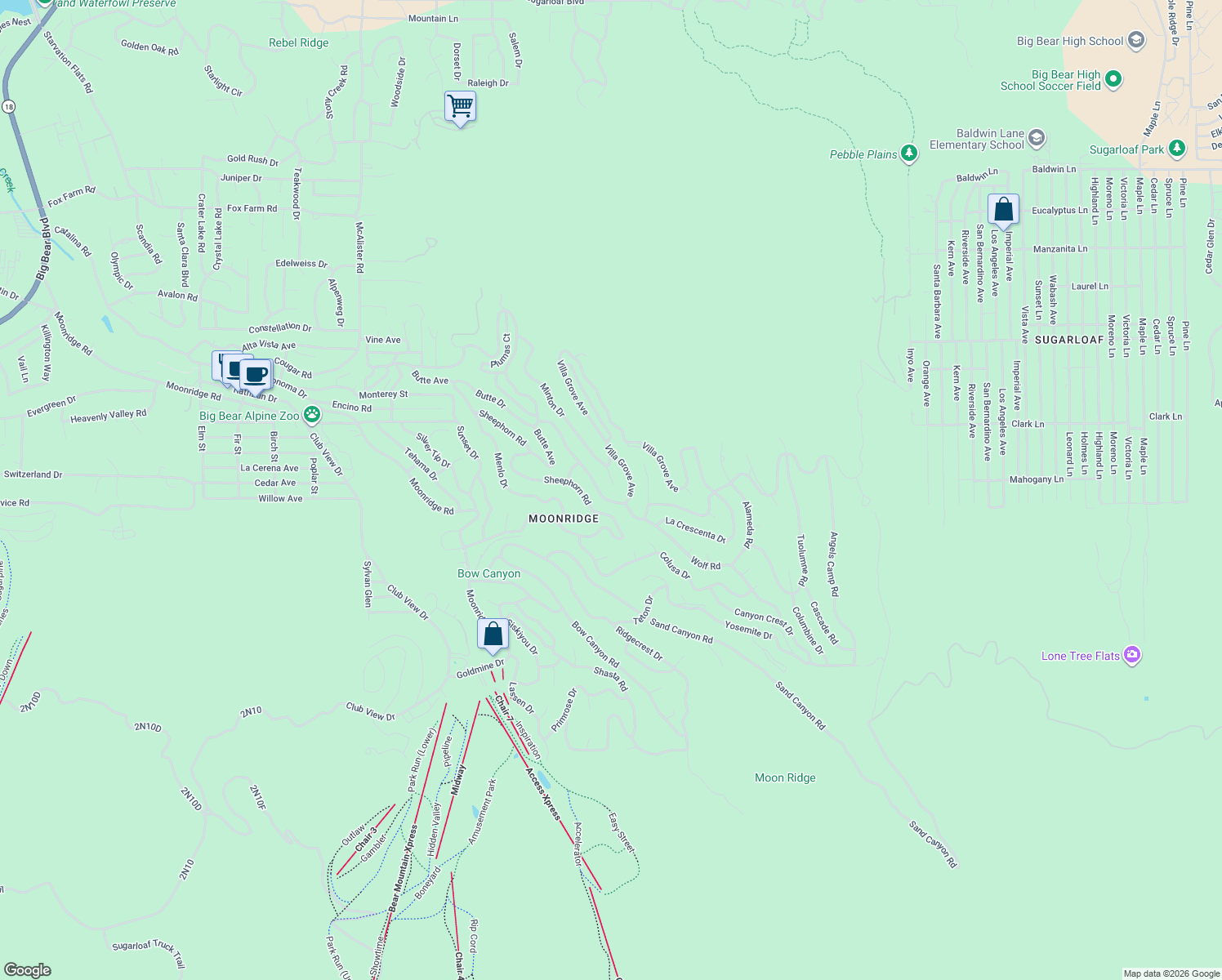 map of restaurants, bars, coffee shops, grocery stores, and more near 1351 Silverado Road in Big Bear