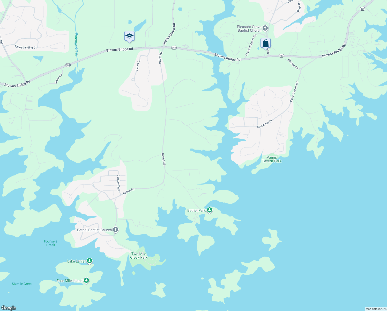 map of restaurants, bars, coffee shops, grocery stores, and more near 8263 Bethel Road in Gainesville