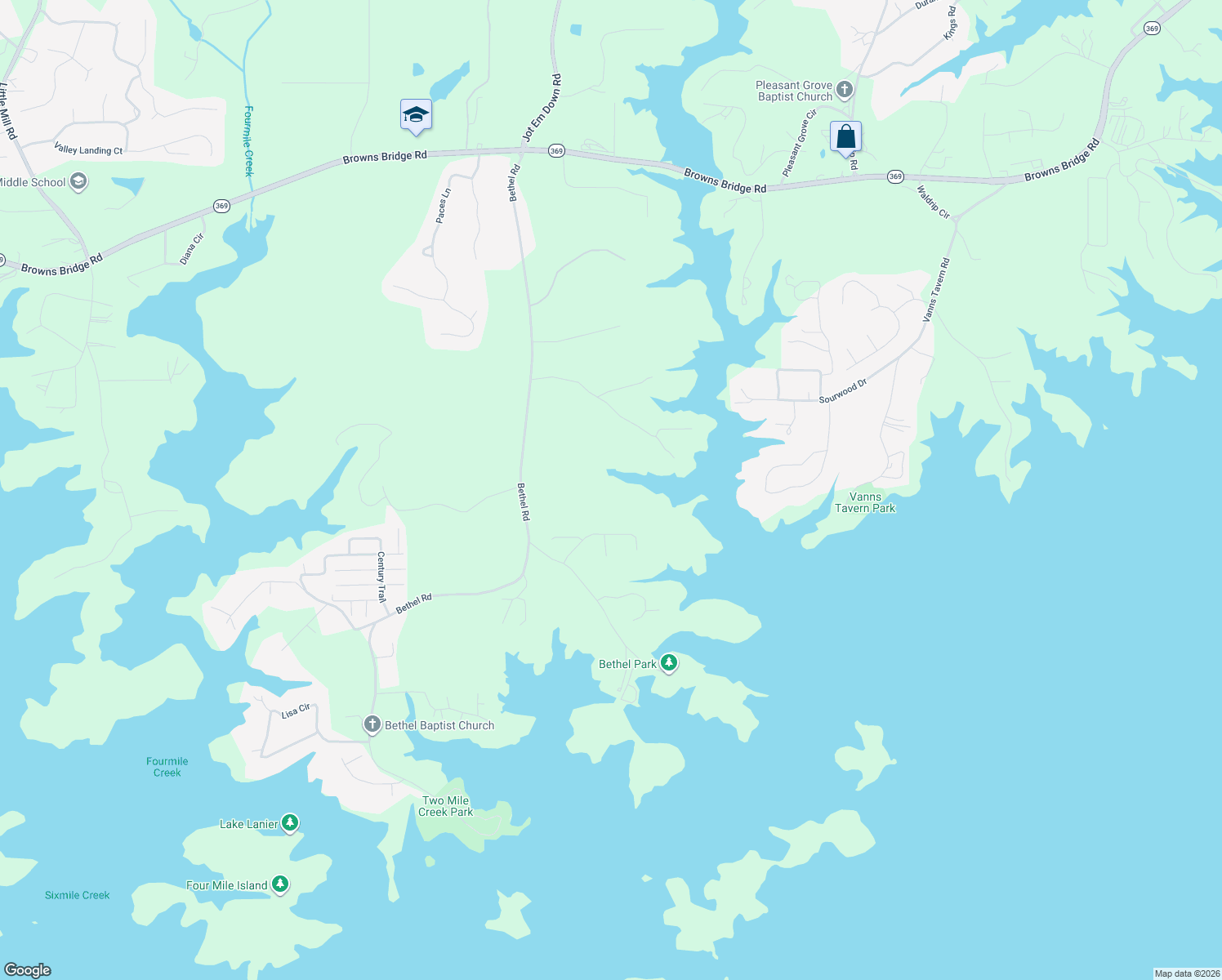 map of restaurants, bars, coffee shops, grocery stores, and more near 8249 Bethel Road in Gainesville
