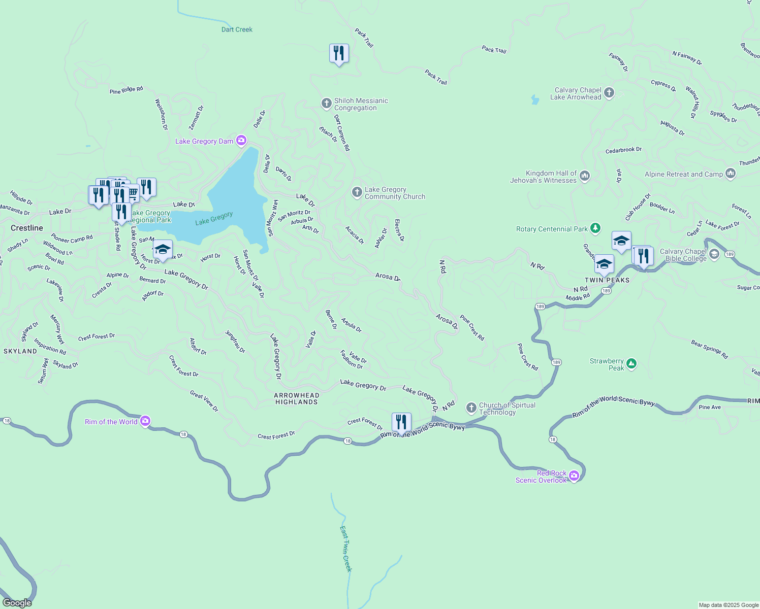 map of restaurants, bars, coffee shops, grocery stores, and more near 963 Chateau Drive in Crestline