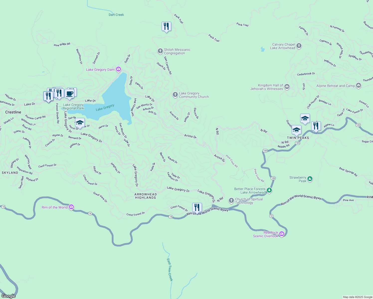 map of restaurants, bars, coffee shops, grocery stores, and more near 963 Chateau Drive in Crestline