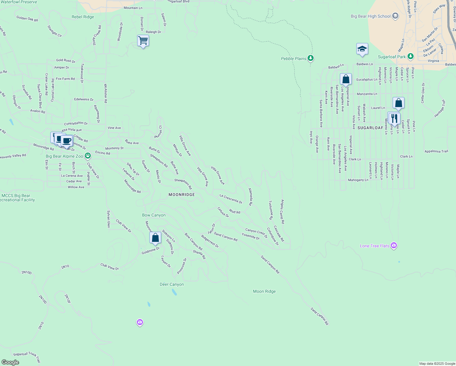 map of restaurants, bars, coffee shops, grocery stores, and more near 453 Sun Crest Court in Big Bear Lake