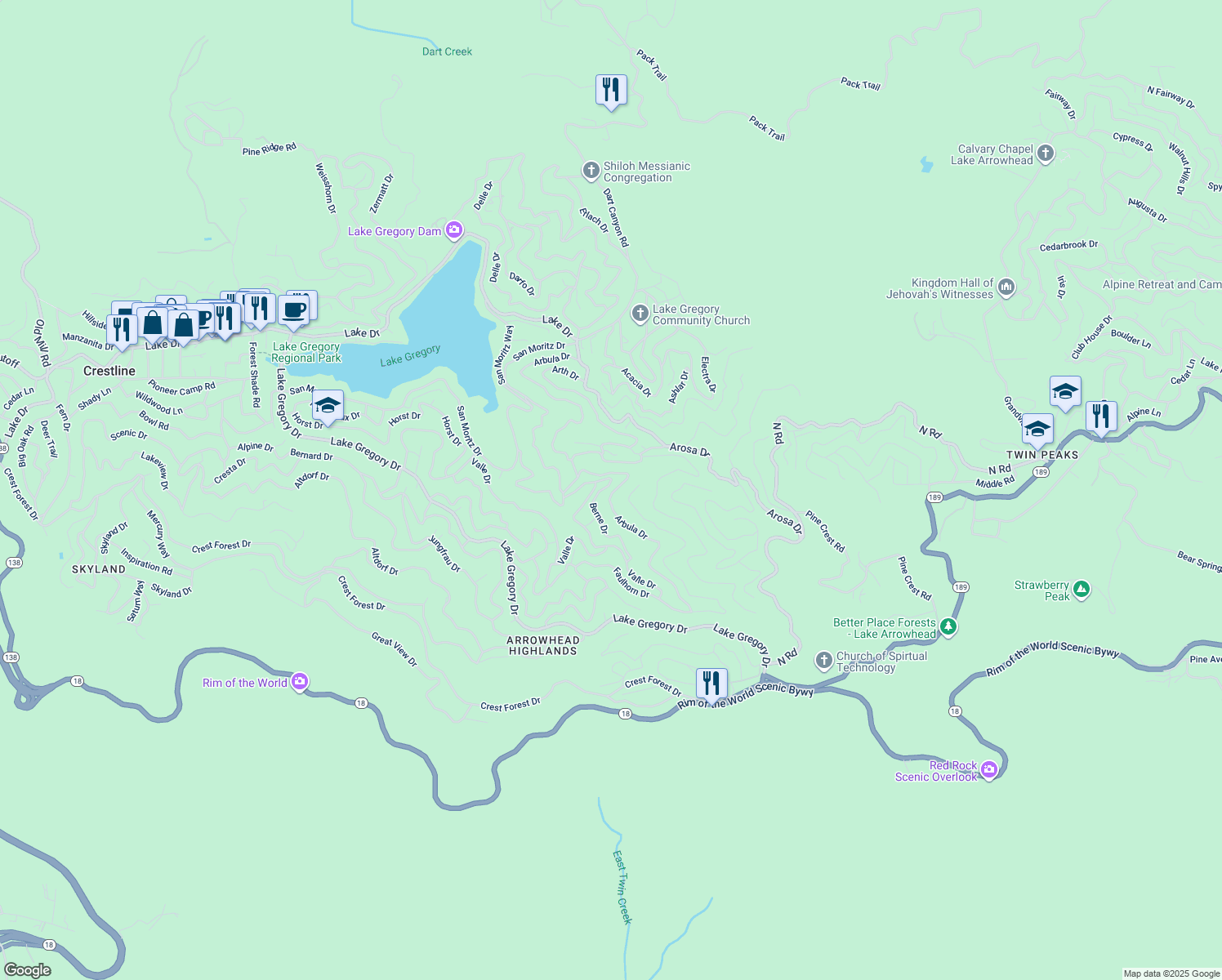 map of restaurants, bars, coffee shops, grocery stores, and more near 920 Arbula Drive in Crestline