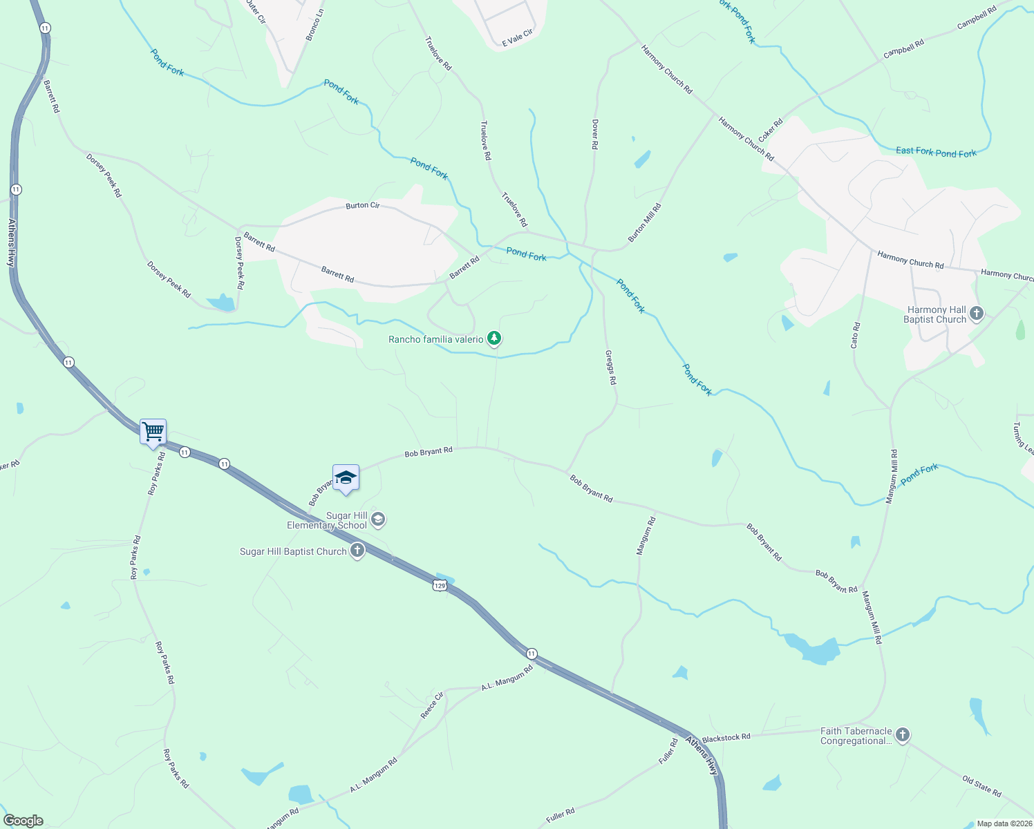 map of restaurants, bars, coffee shops, grocery stores, and more near 3405 Bob Bryant Road in Gainesville