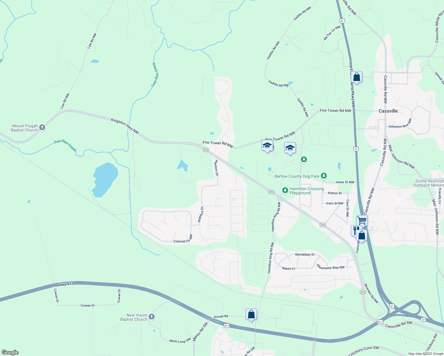 map of restaurants, bars, coffee shops, grocery stores, and more near 27 Planters Dr in Cartersville