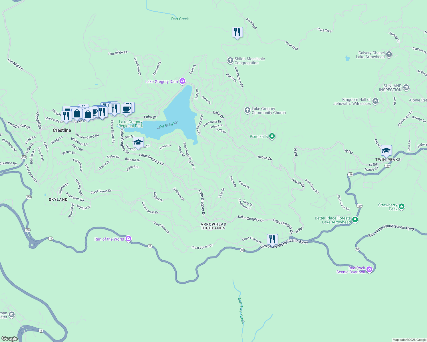 map of restaurants, bars, coffee shops, grocery stores, and more near 872 Berne Drive in Crestline