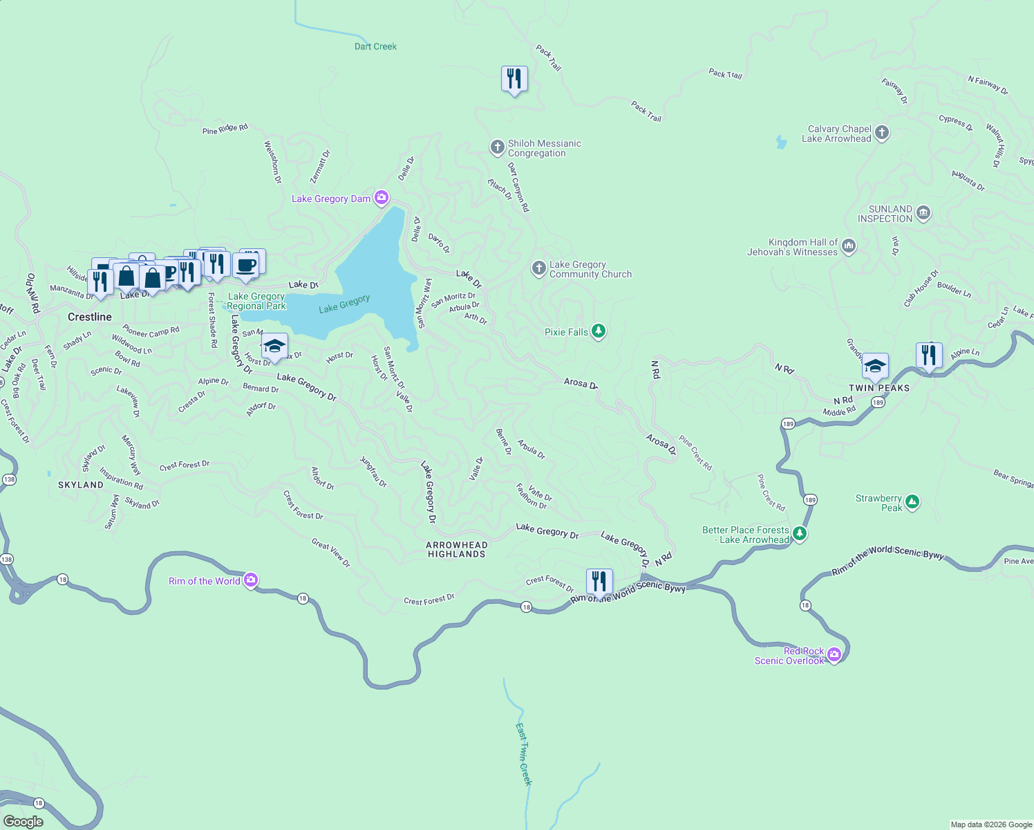 map of restaurants, bars, coffee shops, grocery stores, and more near 24923 Basel Drive in Crestline