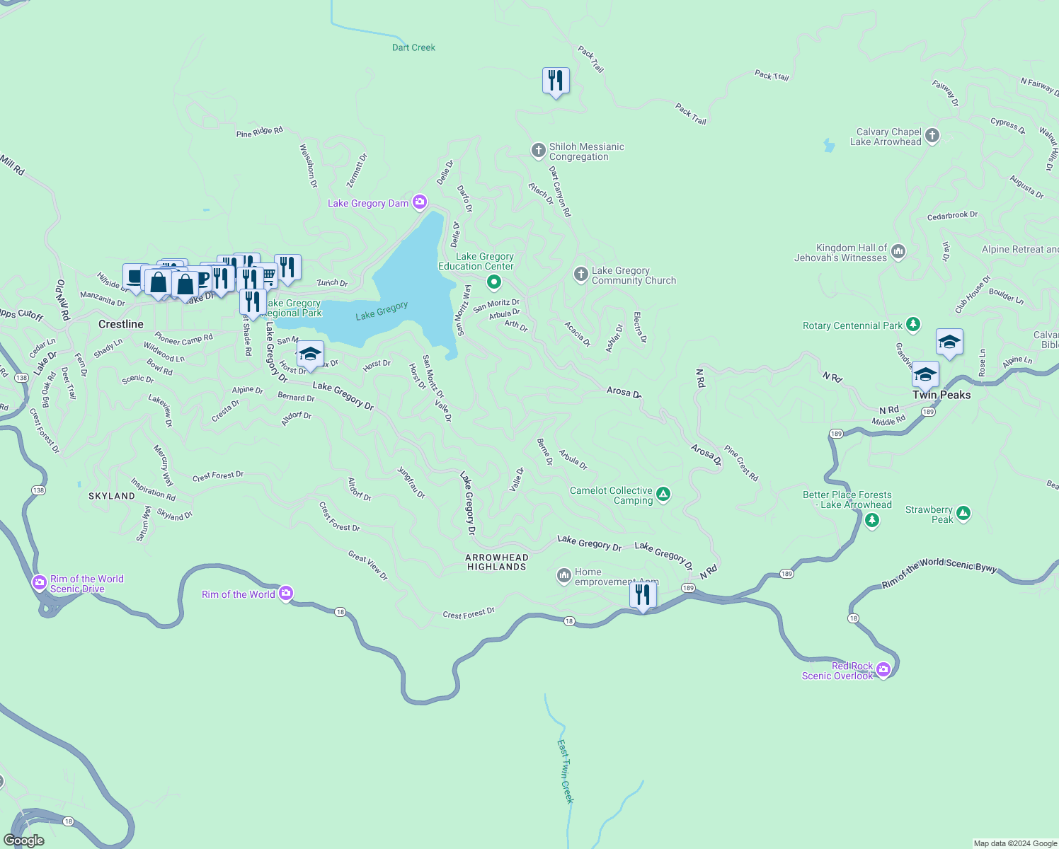 map of restaurants, bars, coffee shops, grocery stores, and more near Berne Drive in Crestline