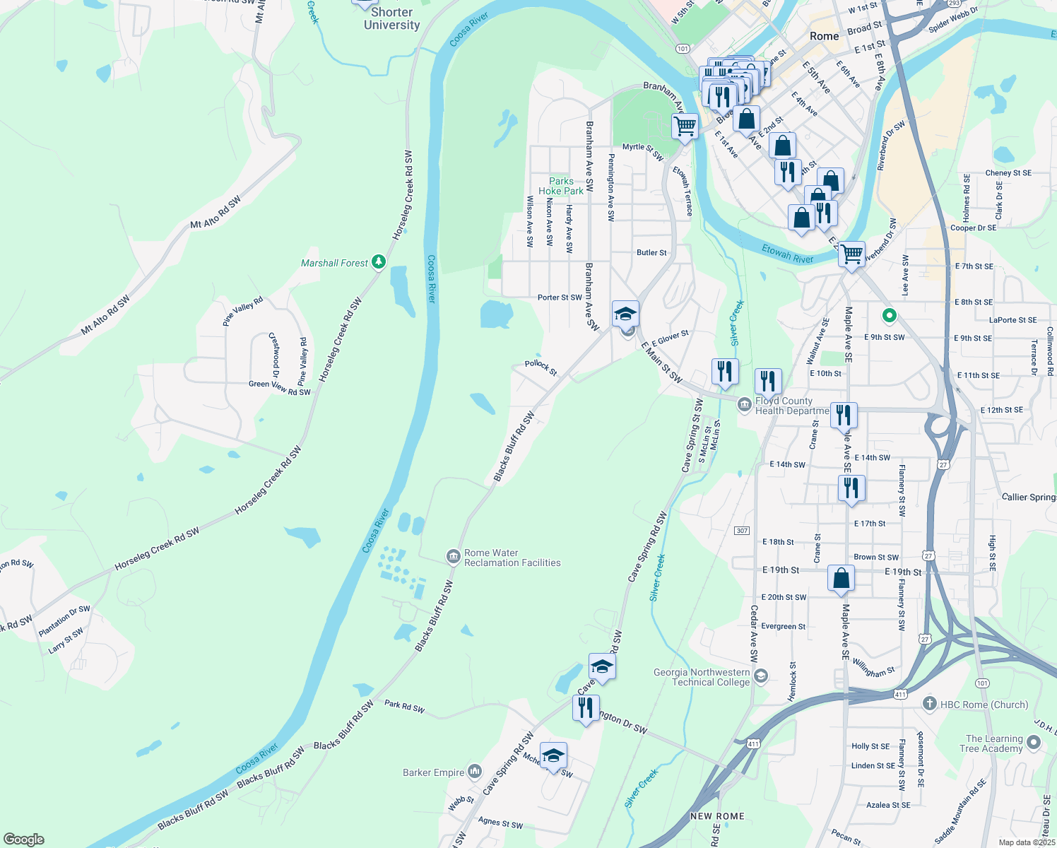 map of restaurants, bars, coffee shops, grocery stores, and more near 11 Blacks Bluff Road Southwest in Rome
