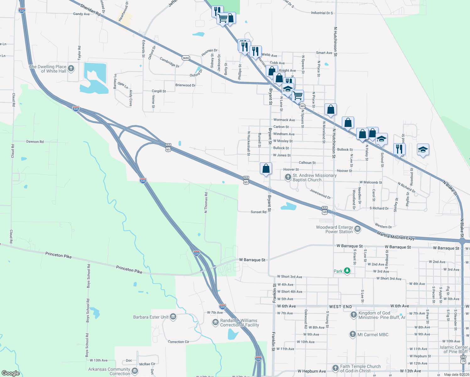 map of restaurants, bars, coffee shops, grocery stores, and more near 6401 Sunset Road in White Hall