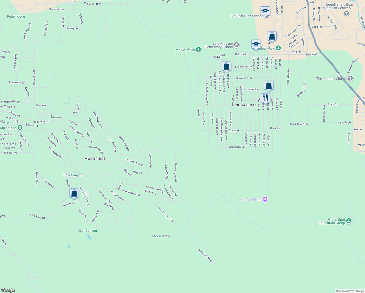 map of restaurants, bars, coffee shops, grocery stores, and more near 751 Needles Lane in Big Bear