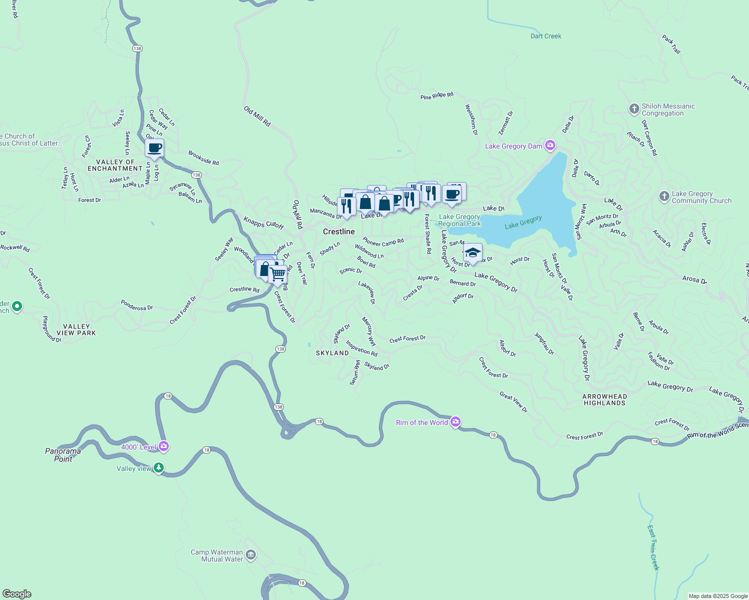 map of restaurants, bars, coffee shops, grocery stores, and more near 23878 Lakeview Drive in Crestline