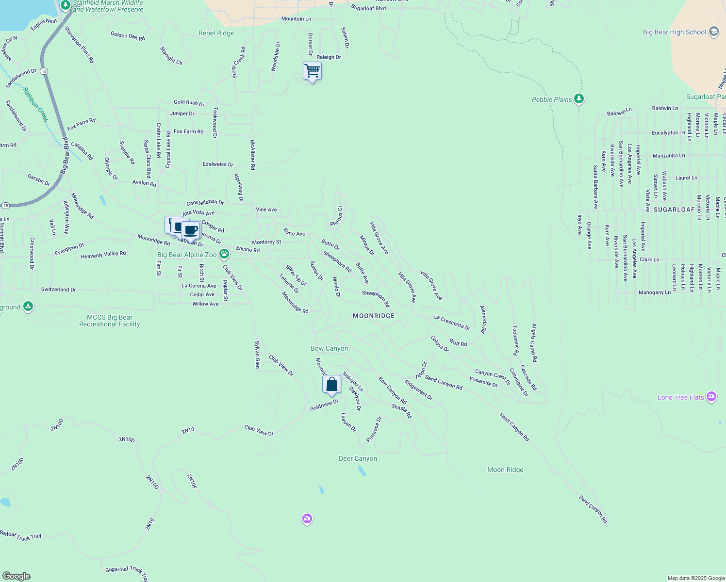 map of restaurants, bars, coffee shops, grocery stores, and more near 1270 Sheephorn Road in Big Bear